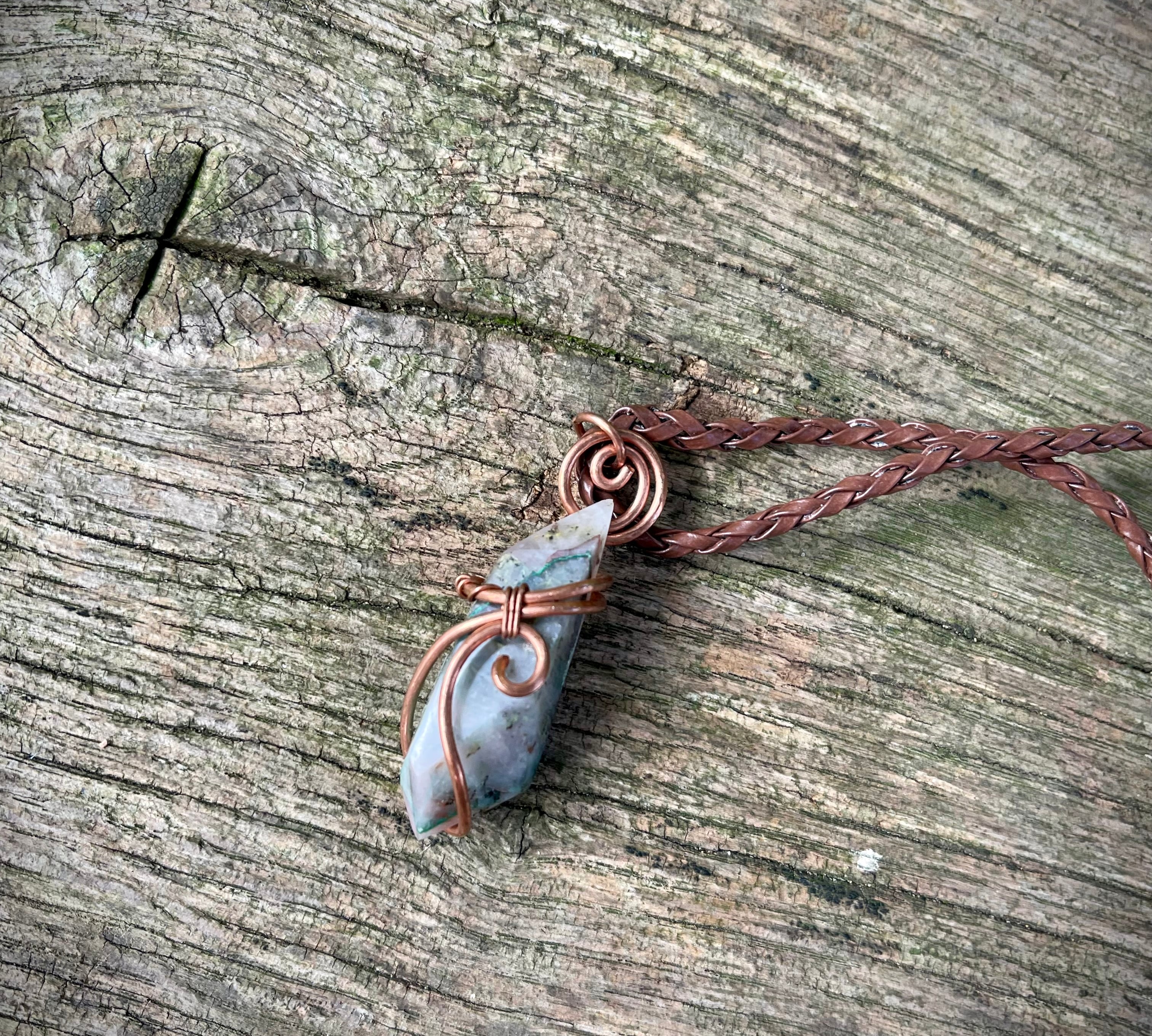 Polished Ajoite in Matrix Free Forms Set In Copper Art Wire Wrap Pendant