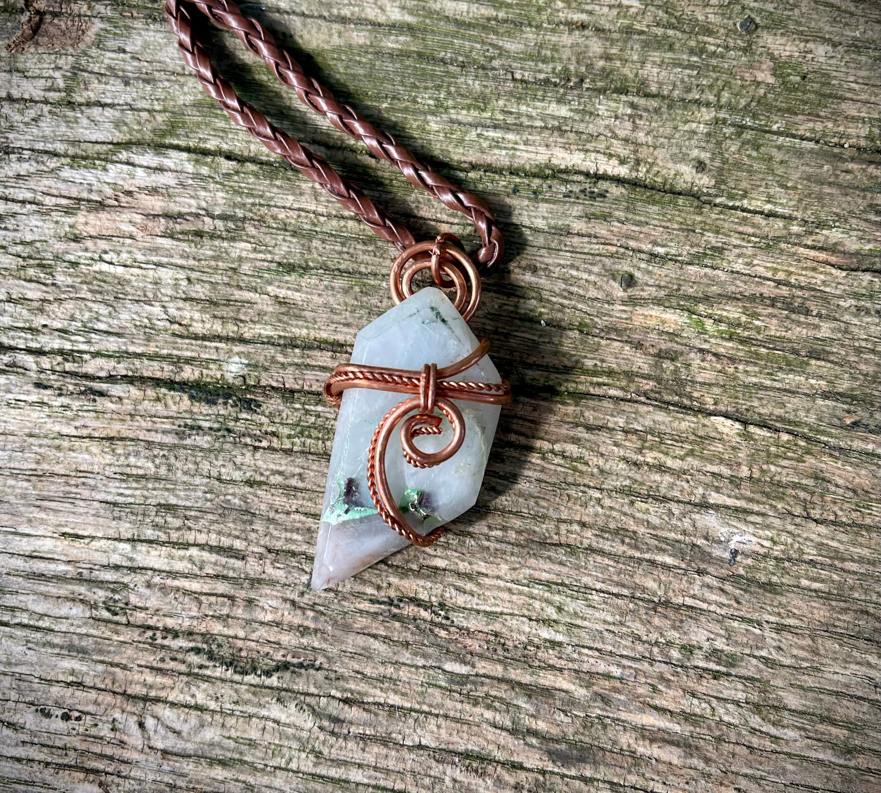 Polished Ajoite in Matrix Free Forms Set In Copper Art Wire Wrap Pendant