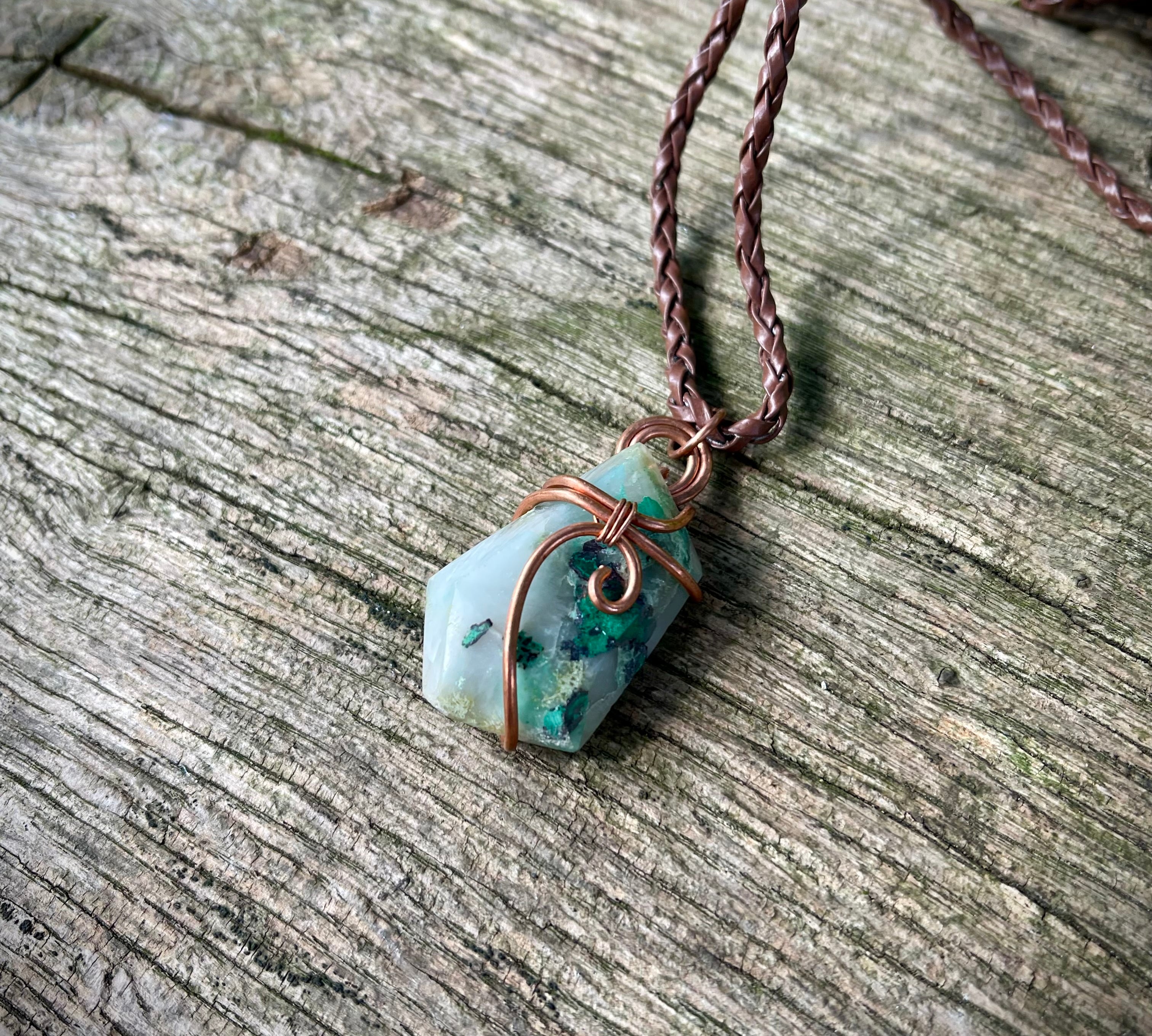 Polished Ajoite in Matrix Free Forms Set In Copper Art Wire Wrap Pendant